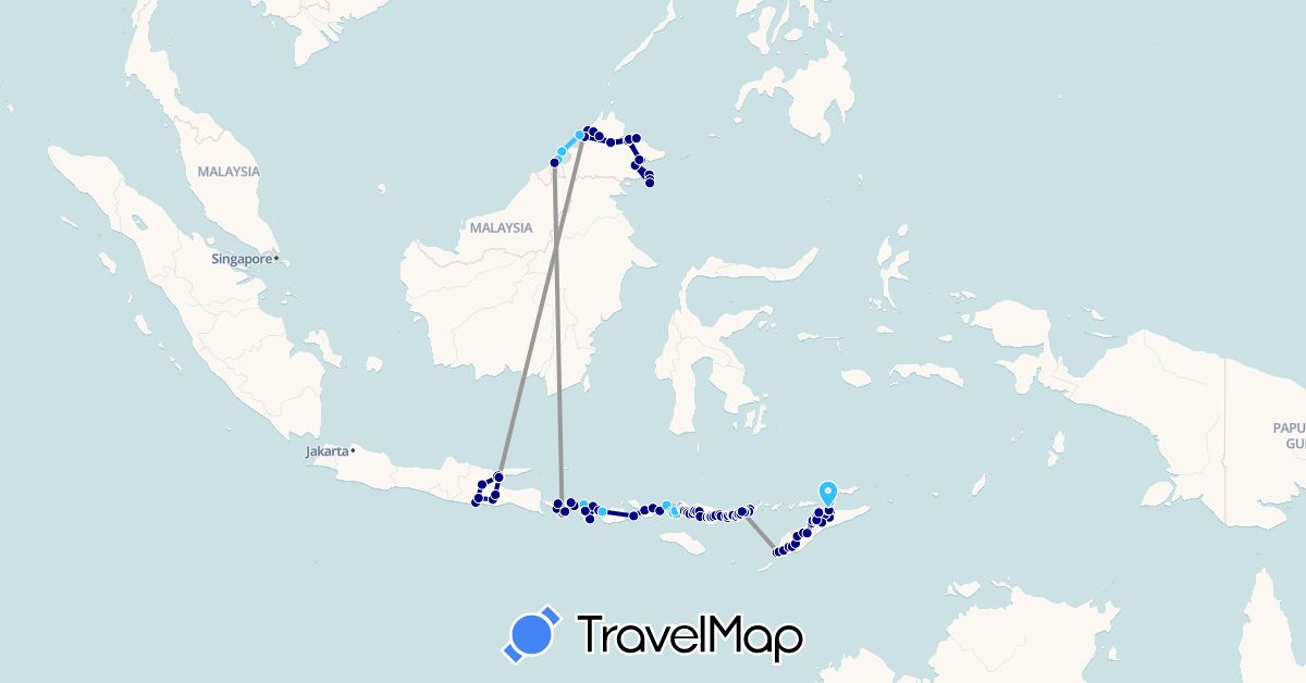 TravelMap itinerary: driving, plane, boat in Brunei, Indonesia, Malaysia, East Timor (Asia)